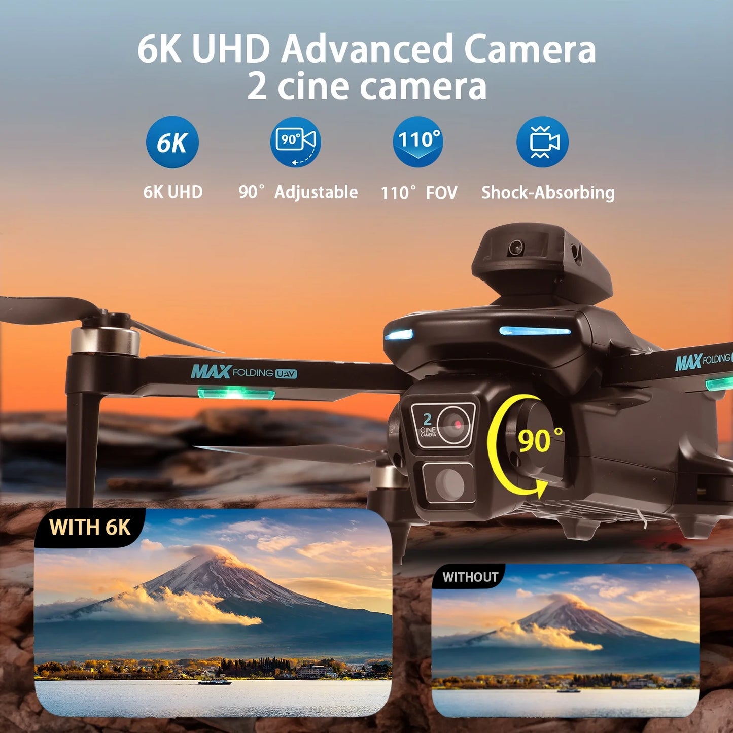 XT606 Drone with 6K UHD Camera, Foldable Drone for Adults Kids Beginners, RC Quadcopter Drone, Brushless Motor, Optical Flow Positioning, 2 Batteries, Black