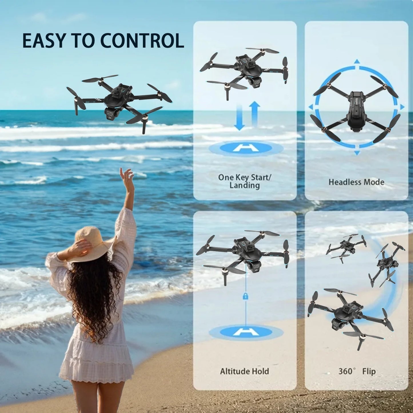 XT606 Drone with 6K UHD Camera, Foldable Drone for Adults Kids Beginners, RC Quadcopter Drone, Brushless Motor, Optical Flow Positioning, 2 Batteries, Black